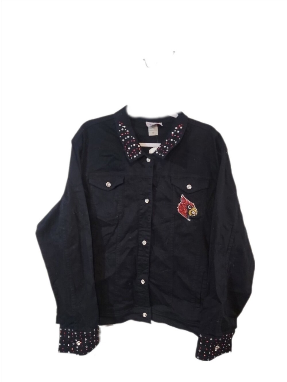 NWT University Of Lousiville Cardinals Black Bedazzled Gem Denim Jean Jacket 3X